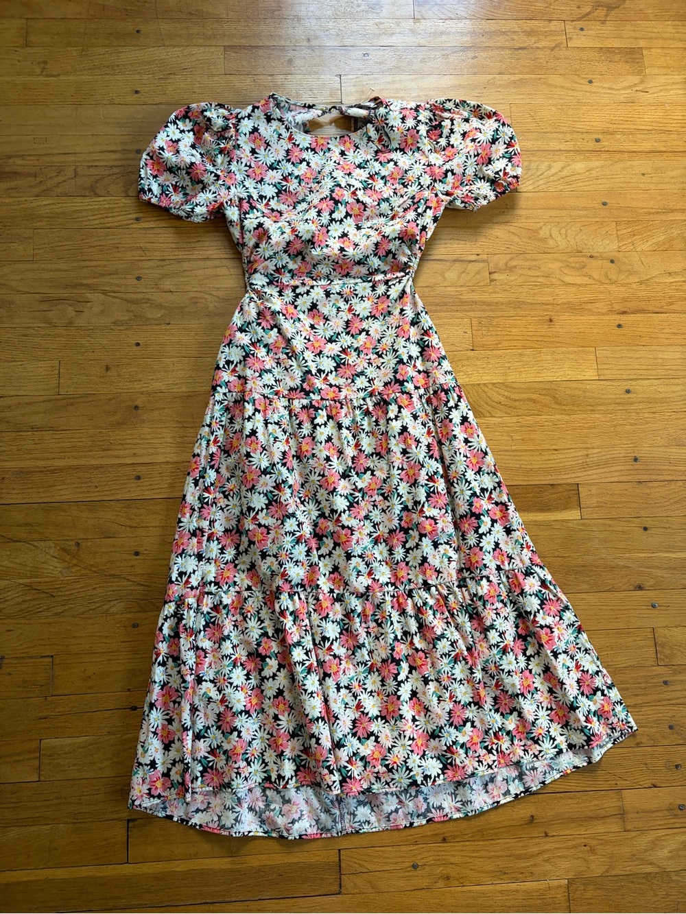HYFVE Floral Puff-Sleeve Midi Dress in White, Pink, Coral
